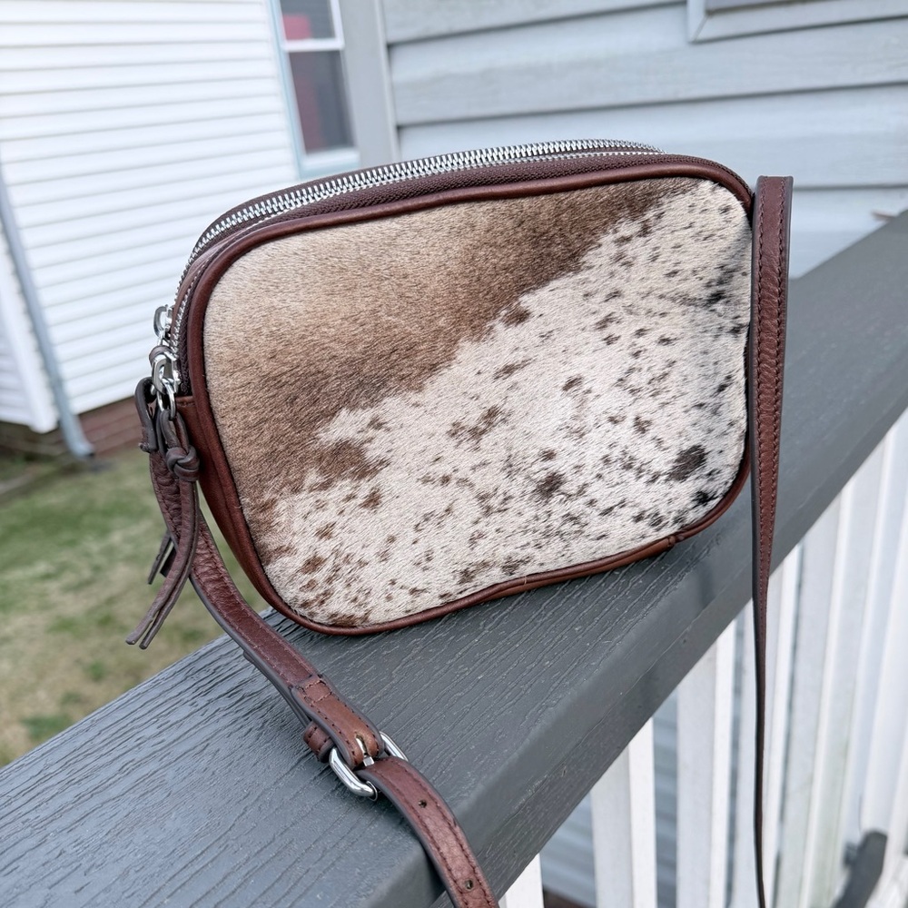 Mark and Graham Animal Print Crossbody Bag Brown White Dual Zipper Inner Pockets